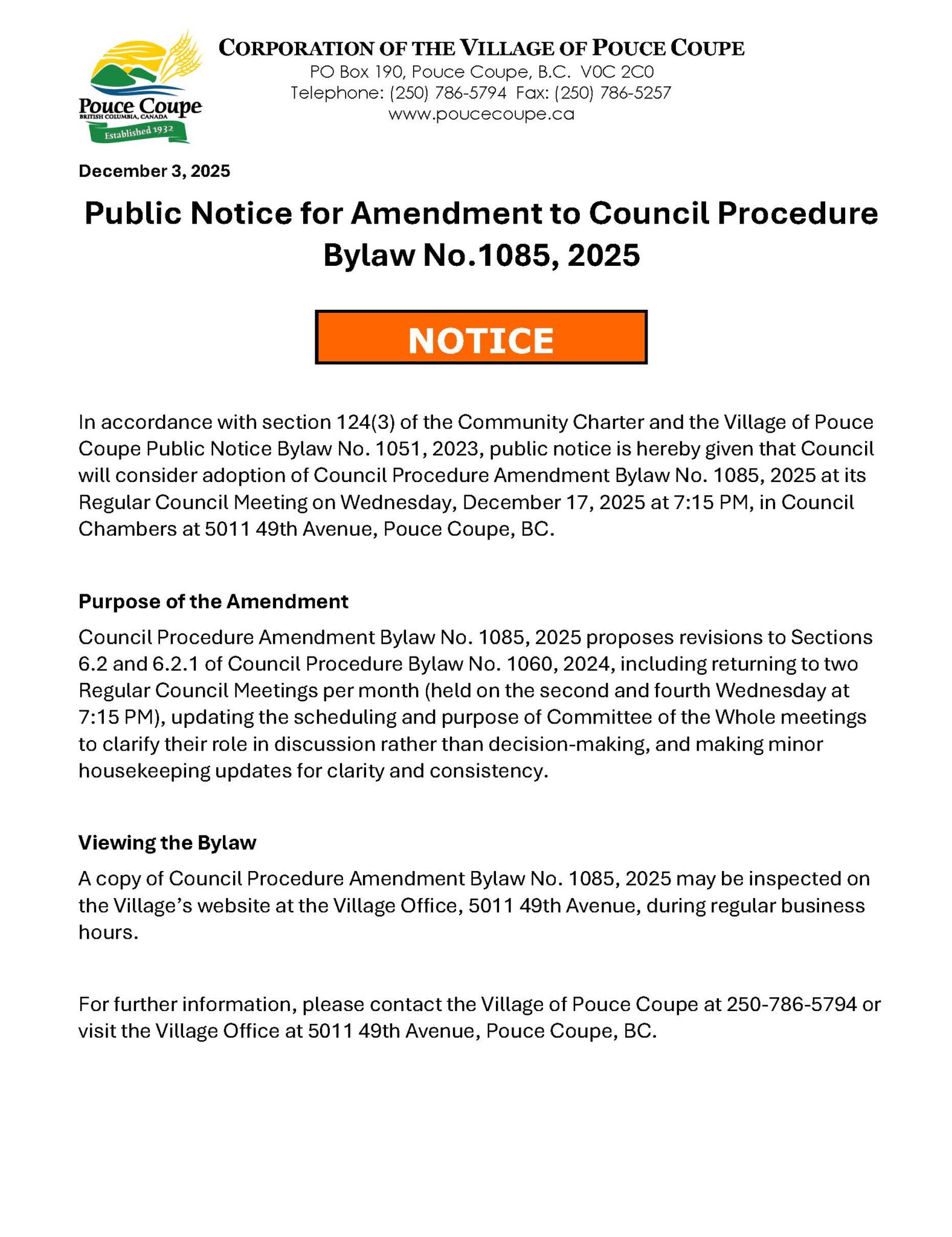 Notice for Amendment to Council Procedures Bylaw No. 1085, 2025 ...