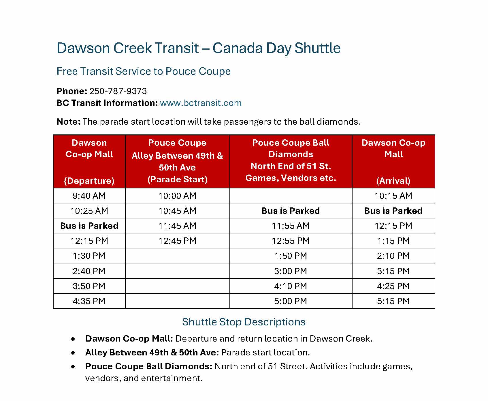 Bus Schedule 2026