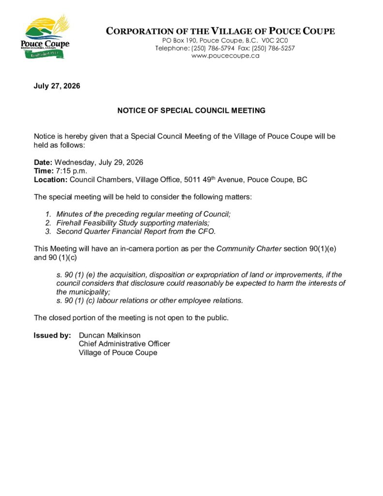 Notice of Special Meeting - July 29, 2026